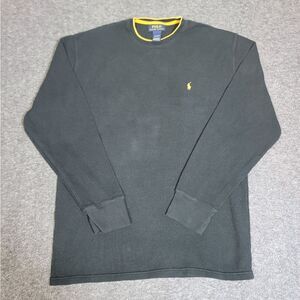 Polo Ralph Lauren Men XL Thermal Waffle Knit Long Sleeve Shirt Black Yellow Trim